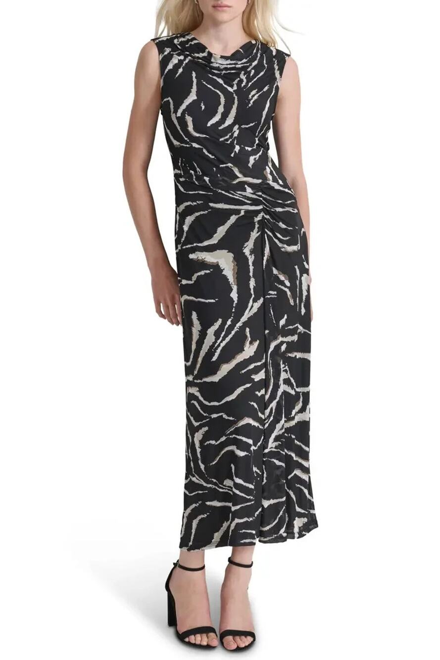 DKNY Cowl Neck Sleeveless Ruched Mesh Maxi Dress Black Size 4 4118